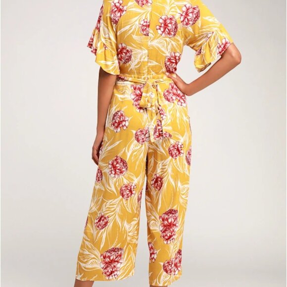 Lulus Garden's Glory Mustard Yellow Floral Print Culotte Jumpsuit Size XL - Picture 2 of 16